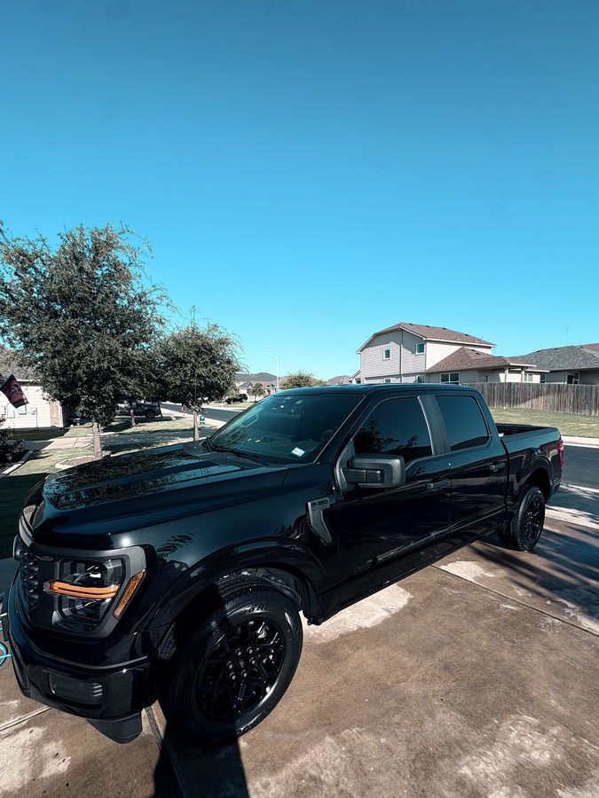 Blacked-out Ford F-150 with a deep gloss black finish after an exterior detail